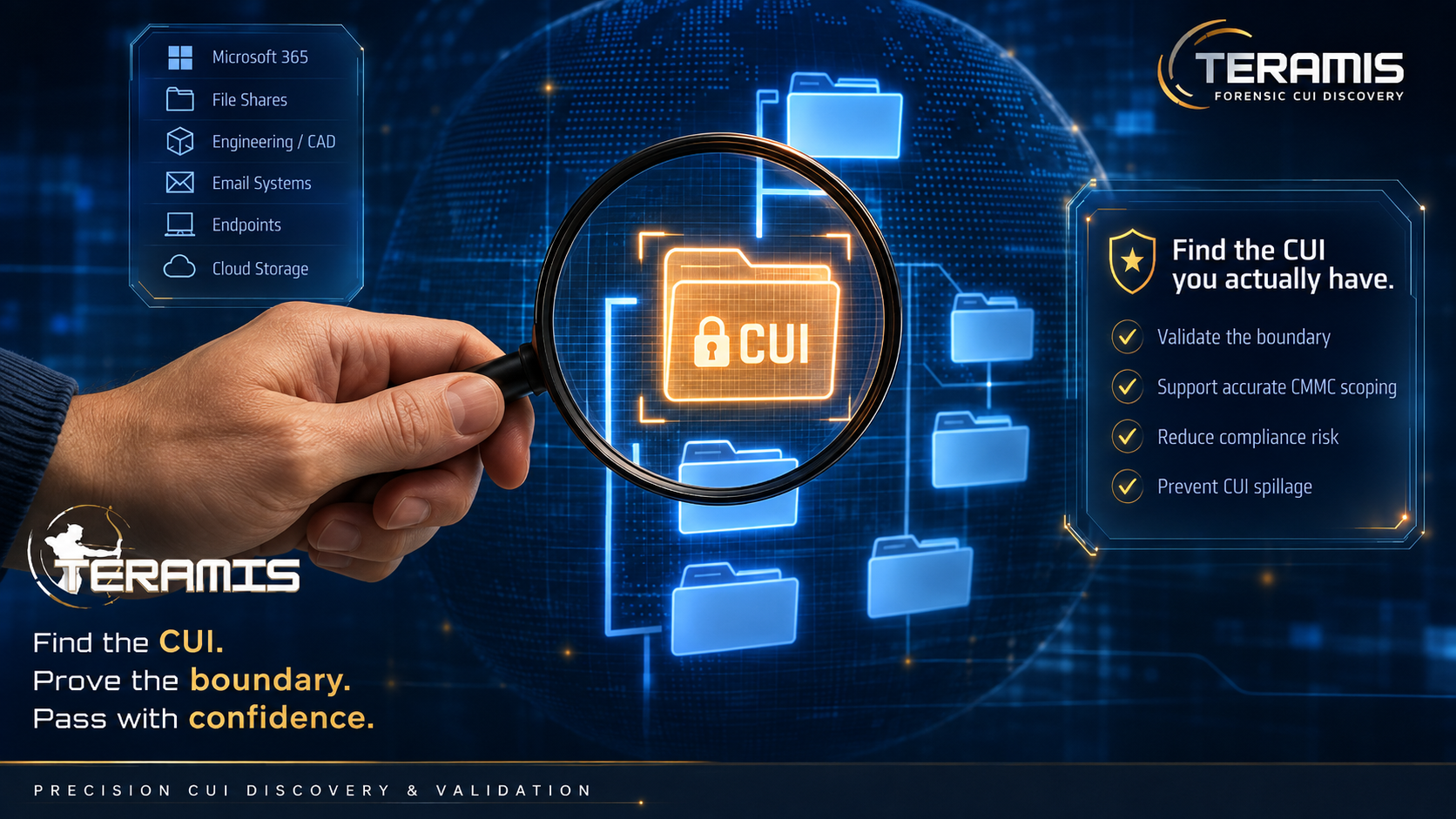 Defense contractor reviewing validated CUI discovery results across Microsoft 365, file shares, engineering files, and other systems to support accurate CMMC scoping.