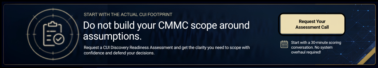 Teramis banner encouraging defense contractors to request a CUI Discovery Readiness Assessment before defining their CMMC scope around assumptions.