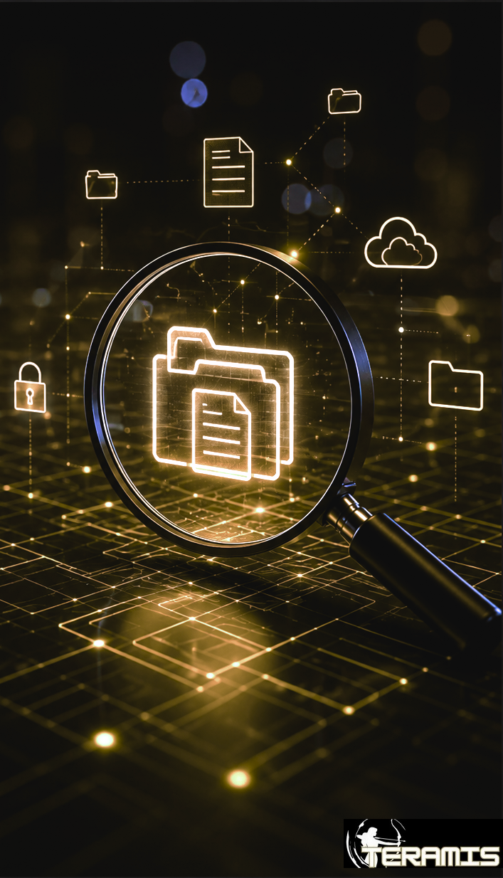 Digital CUI discovery visualization with a magnifying glass scanning connected files and cloud storage for a Teramis scoping call
