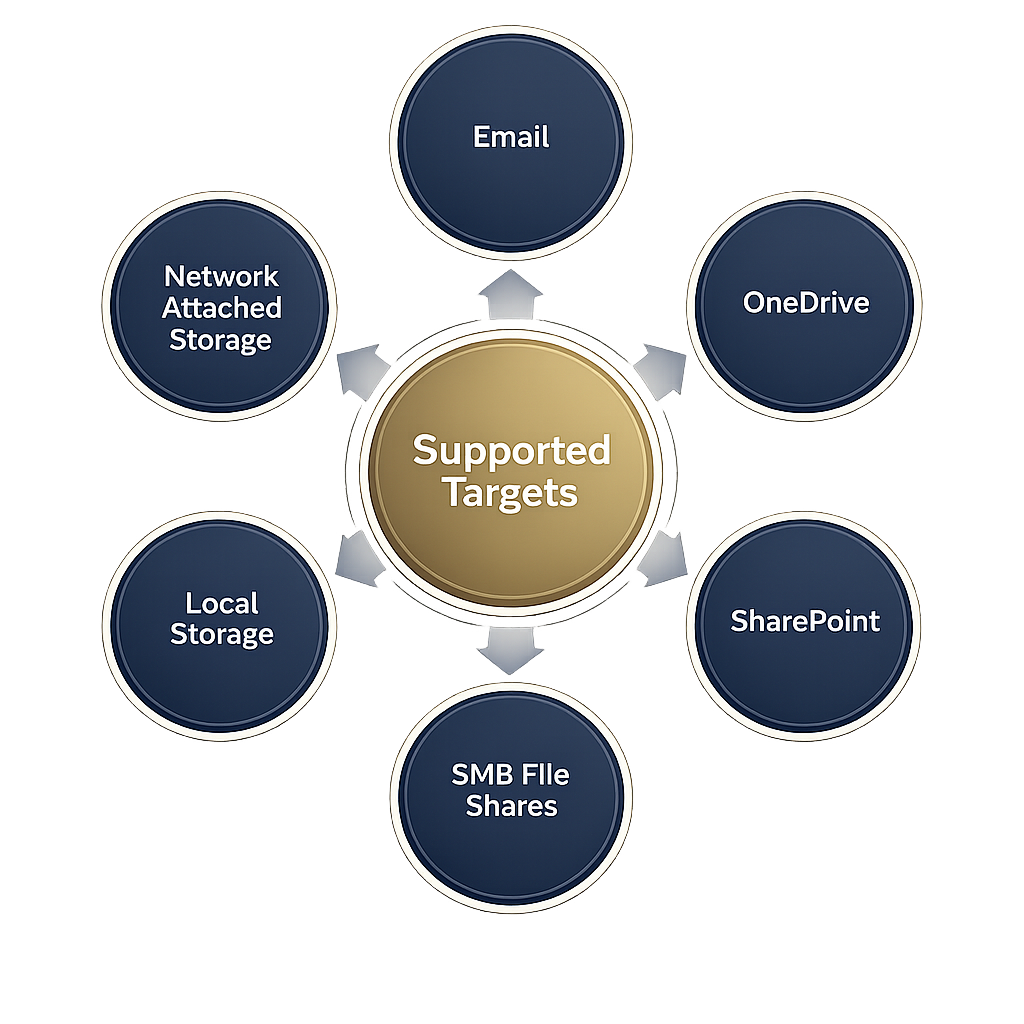 Teramis supported CUI discovery targets diagram showing Email, OneDrive, SharePoint, SMB file shares, local storage, and network-attached storage.