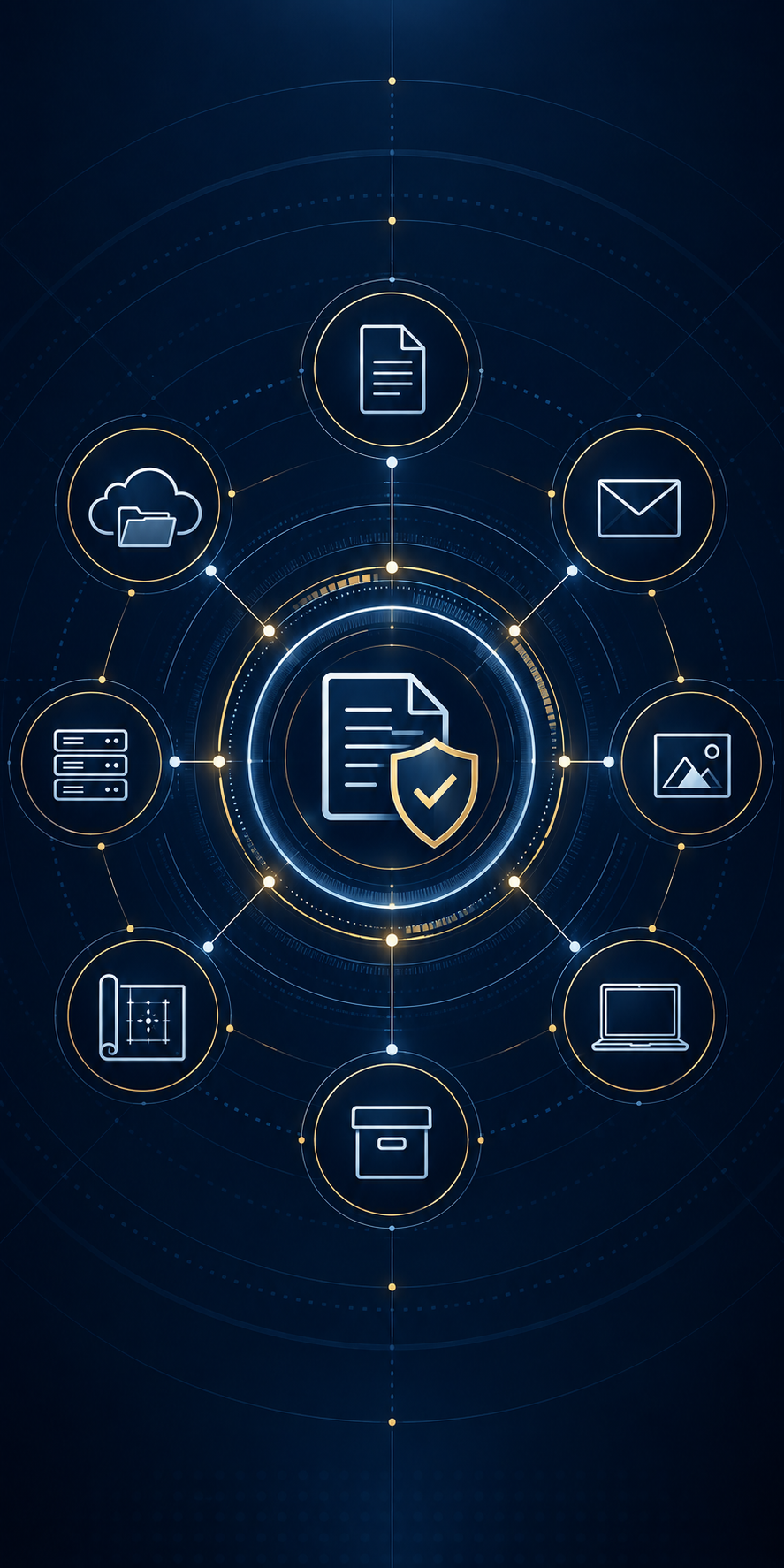 Evidence validation graphic showing a central verified document icon connected to multiple approved data source types, including cloud folders, files, email, servers, images, technical drawings, laptops, and archived data.
